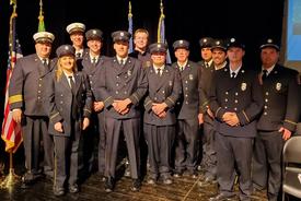 From Left:  Assistant Chief Smith, Firefighter R. Brock, Assistant Chief Kozak, Firefighter N. Brock, Firefighter Kujawa, Explorer Smith, Firefighter DiNoto, Commissioner Ball, Firefighter G. Andrews, Lieutenant Tice, Firefighter Hill, Lieutenant Dominik 